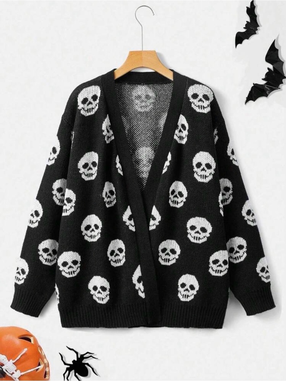 SHEIN Plus Size Halloween Skull Pattern Drop Shoulder Cardigan